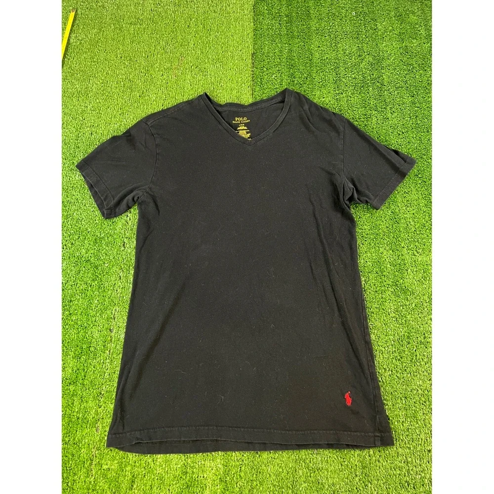 Polo Ralph Lauren Mens Slim Fit V-Neck T-Shirt Black Red Pony Logo‎ Large LG